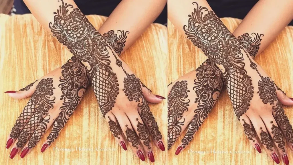 Geometric Elegance and Floral Embrace in Khadid Mehndi